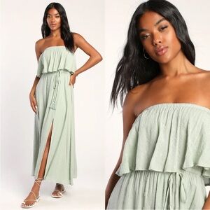 NWT Lulus Sage Green Strapless Maxi Dress Silver Lurex Size M